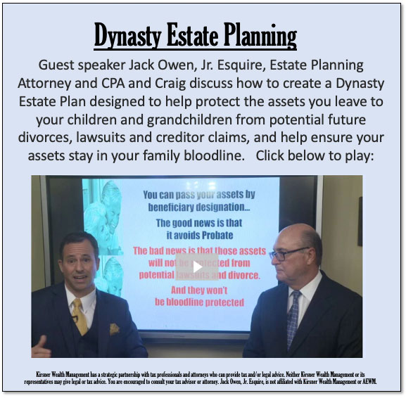 Dynasty Estate Planning Guest speaker Jack Owen, Jr. Esquire, Estate Planning Attorney and CPA and Craig discuss how to create a Dynasty Estate Plan designed to help protect the assets you leave to your children and grandchildren from potential future divorces, lawsuits and creditor claims, and help ensure your assets stay in your family bloodline. Click below to play: